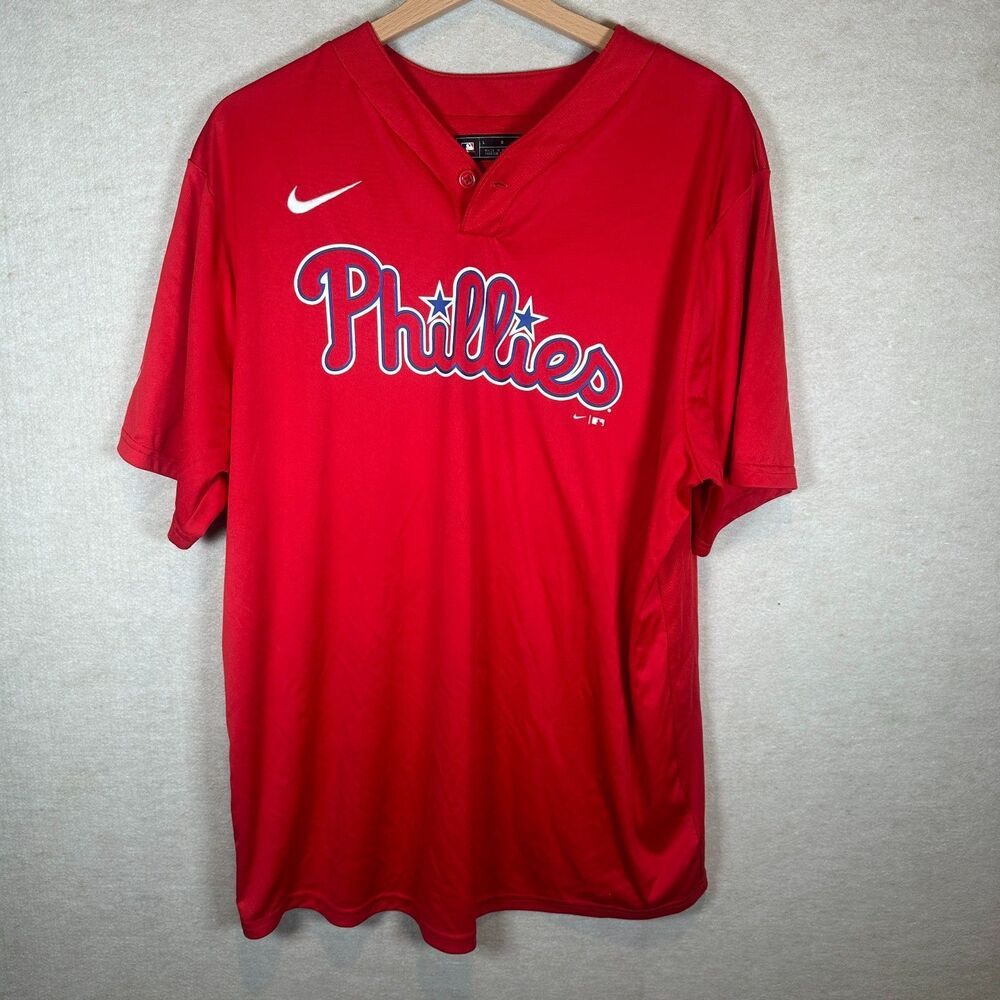 Nike Phillies Jersey Mens Large Red MLB Baseball Button Athletic Dri Fit Shirt